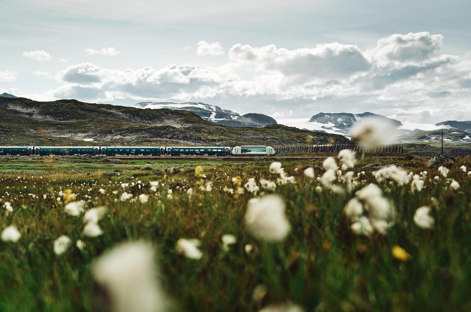 norwegian train riding through fjell landscape